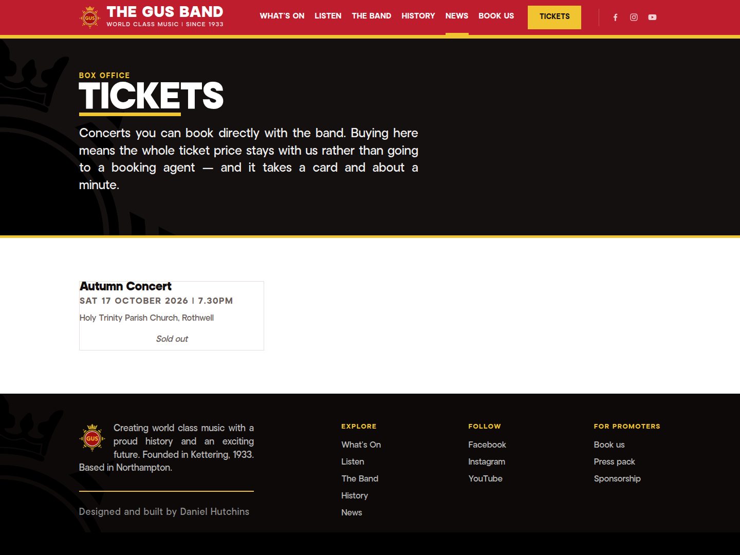 The box office page of the new GUS Band site listing concerts to book directly with the band
